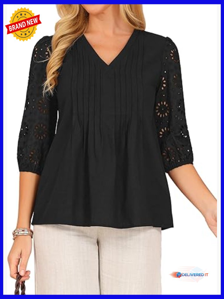 Women's Eyelet Blouse Embroidery 3/4 Sleeve V Neck Peplum Tunic Top Dressy
